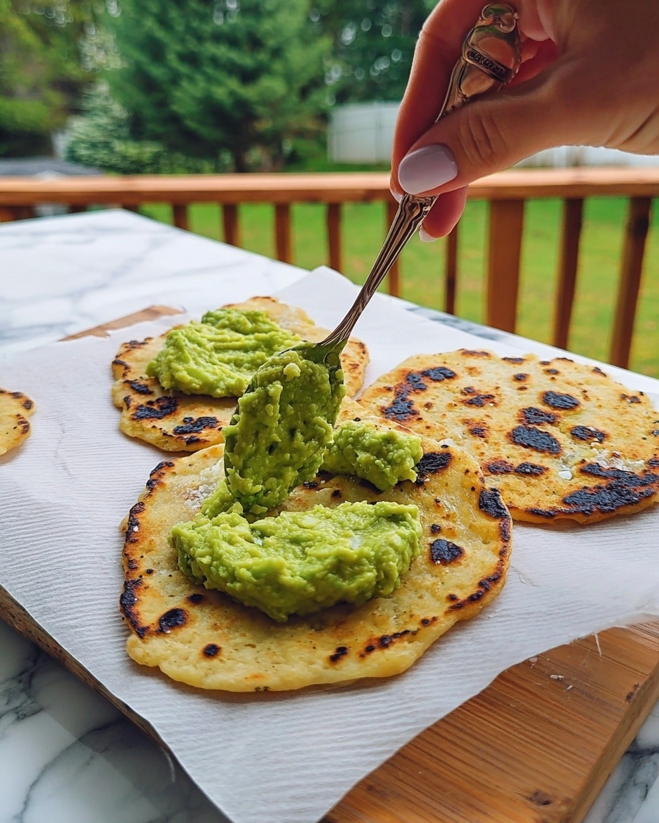 The image shows a close-up of three small toasted flatbreads on white parchment paper over a wooden board. Each flatbread is crispy with light brown to golden tones, speckled with dark charred spots. A thick layer of bright green avocado mash with a chunky texture is spread on top of the front flatbread, which is held by a woman's hand with neatly trimmed nails. A spoon covered with more avocado mash is about to spread the topping on the same flatbread. The background shows a white marbled texture surface and a blurred outdoor scene with green trees and a wooden fence. Photo taken with an iphone --ar 4:5 --v 7