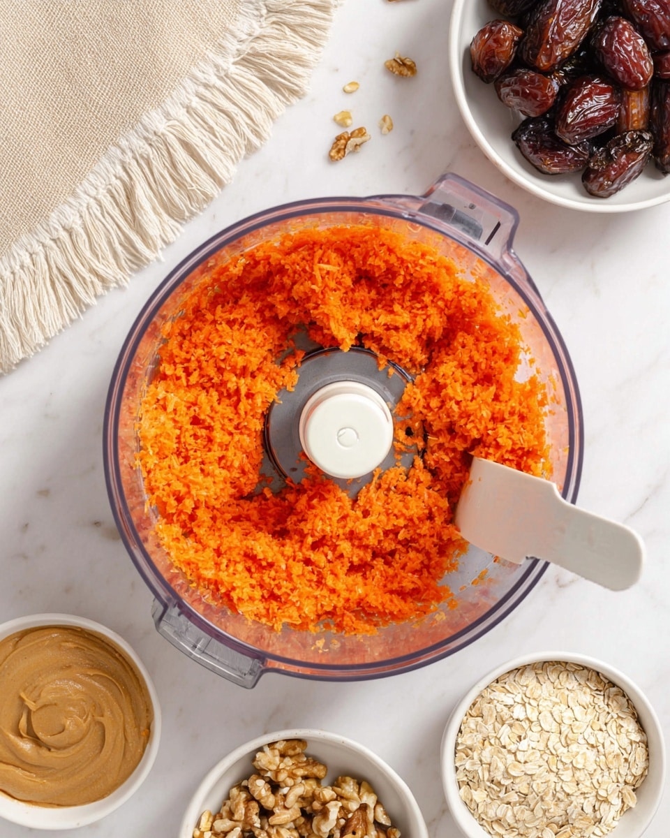 The image shows a clear food processor bowl filled with finely chopped bright orange carrots, with a white spatula resting inside the bowl on the right side. Around the processor on a white marbled surface are four white bowls: one filled with dark brown dates, one with tan peanut butter, one with light brown walnuts, and one with beige oats. There is also a beige cloth with fringed edges placed in the top left corner. photo taken with an iphone --ar 4:5 --v 7