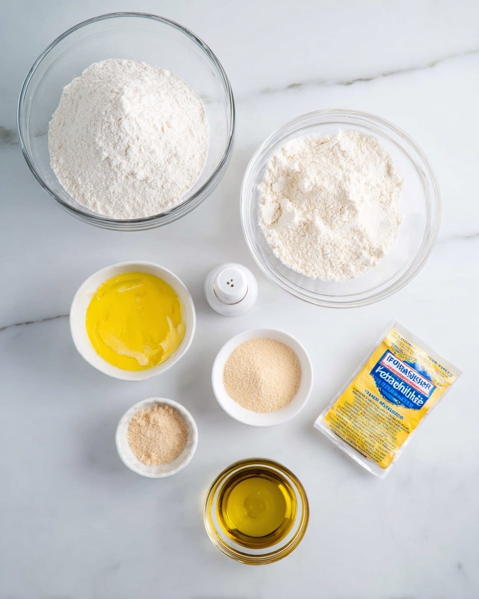 The image shows a top view of several small glass and white bowls arranged on a white marbled surface. At the top left is a large clear glass bowl filled with white flour. To its right is a similar empty glass bowl. Below and to the left are a small white bowl with melted yellow butter, a small white bowl with light brown powder, and another small clear bowl with a pale beige powder. Near the bottom center is a small clear bowl with golden olive oil. A white salt shaker is near the melted butter bowl. There is also a yellow and blue packet of rapid rise yeast placed near the salt shaker. All items are spaced out neatly with a bright, soft light. Photo taken with an iphone --ar 4:5 --v 7