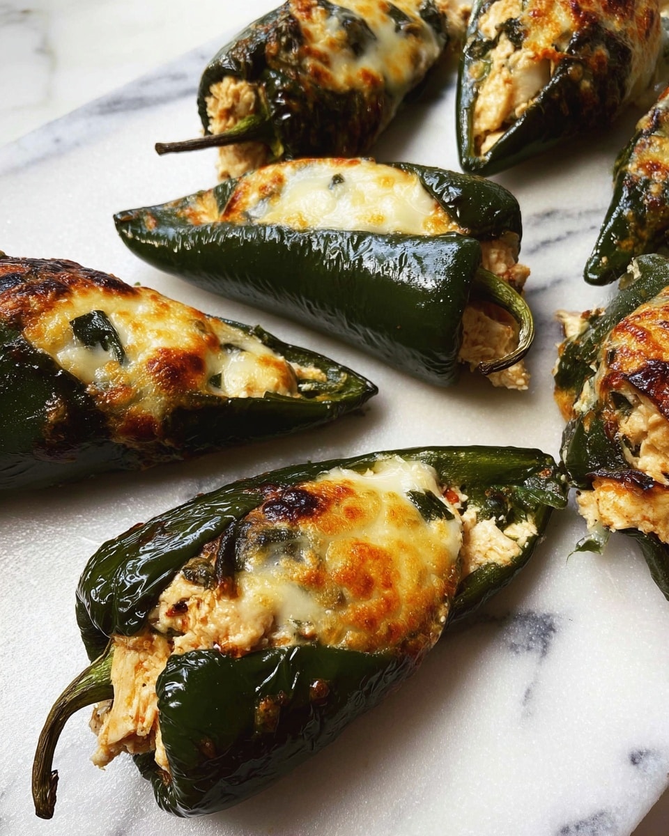 There are several dark green poblano peppers that are roasted and folded, each filled with a creamy stuffing made of chicken mixed with small pieces of red and green herbs. The peppers have a slightly wrinkled, shiny texture with some charred spots on their skin. The stuffing is topped with a layer of melted pale yellow cheese that gently covers the filling, oozing slightly at the edges. The peppers rest on a white marbled tray surface, appearing fresh and hot. photo taken with an iphone --ar 4:5 --v 7