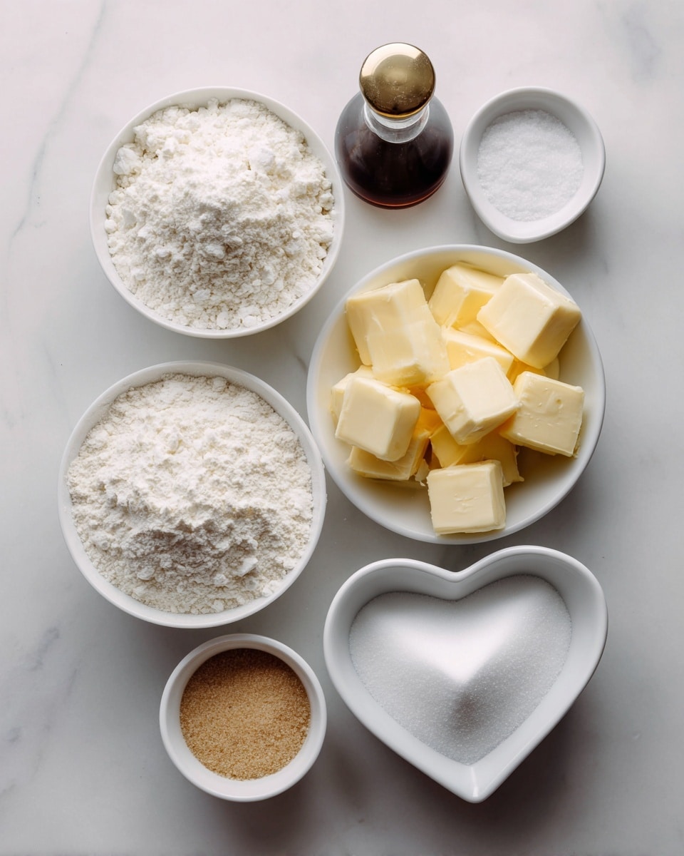 The image shows six baking ingredients arranged on a white marbled surface. Starting from the bottom left, there is a white bowl filled with white flour, next to it on the right is another white bowl containing light yellow cubed butter. Above the flour bowl is a white bowl with light brown granulated sugar. To the right of the sugar bowl is a white bowl filled with fine white powdered sugar. At the top right, there is a white heart-shaped dish holding a small amount of white salt. Above the sugar bowl, slightly to the top left, is a small bottle of dark brown vanilla extract with a gold lid. Each ingredient is placed separately and clearly visible. Photo taken with an iphone --ar 4:5 --v 7