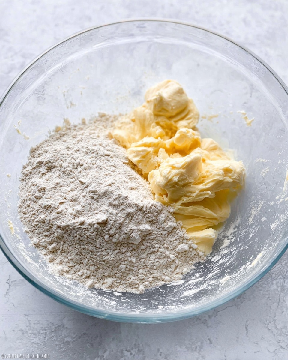 A clear glass bowl sits on a white marbled surface, holding two main ingredients side by side: on one side, a pile of light grayish flour with a powdery texture, and beside it, soft, creamy, pale yellow butter shaped into small mounds. The bowl has some light smudges of batter around the edges. Photo taken with an iphone --ar 4:5 --v 7
