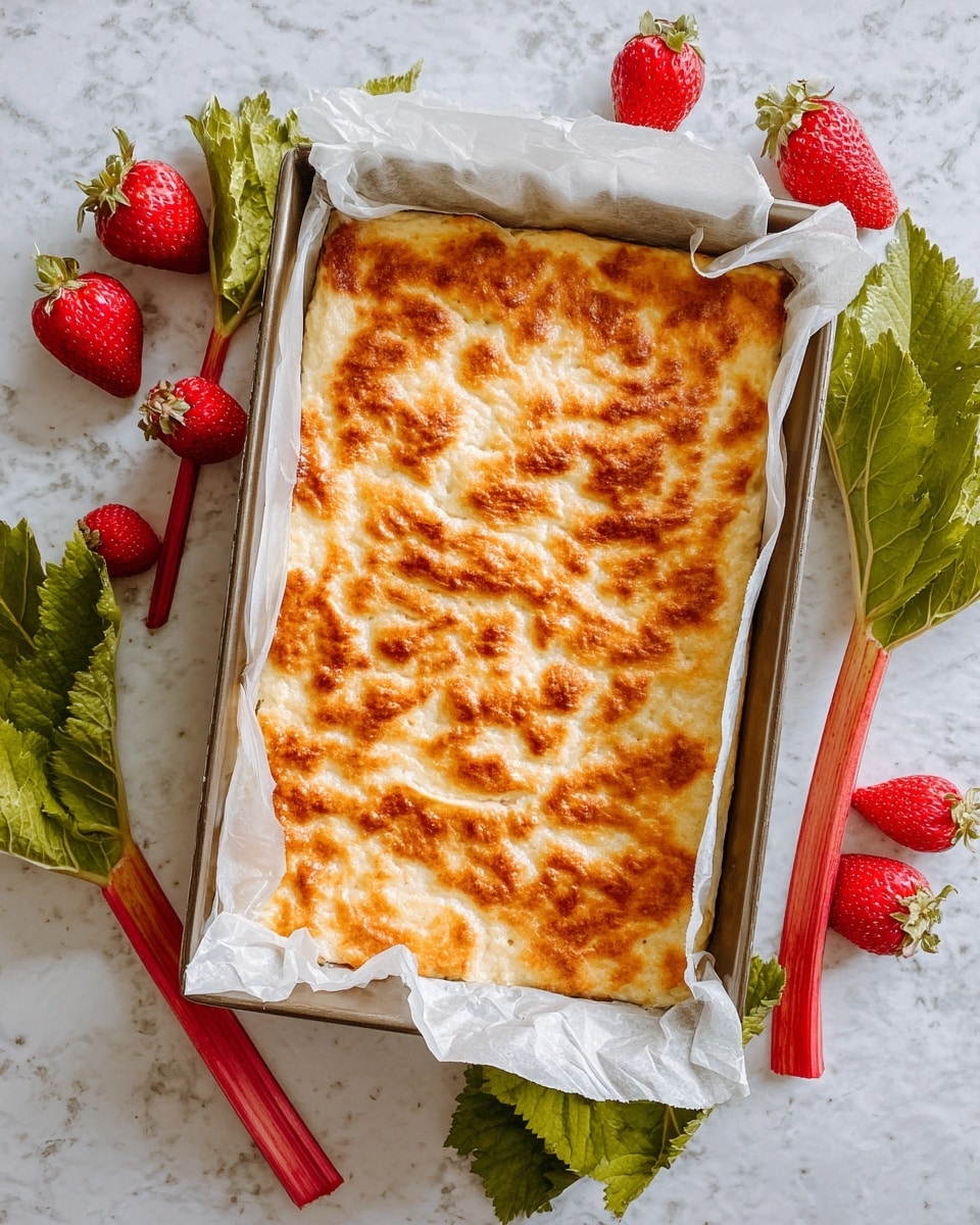 A rectangular baked dish with one visible layer topped by a golden-brown textured crust that has uneven ridges and some toasted spots, set inside a metal pan lined with white parchment paper. The dish is placed on a white marbled textured surface. Around the pan, there are bright red strawberries with green leaves and fresh green rhubarb leaves with red stems arranged casually. Photo taken with an iphone --ar 4:5 --v 7