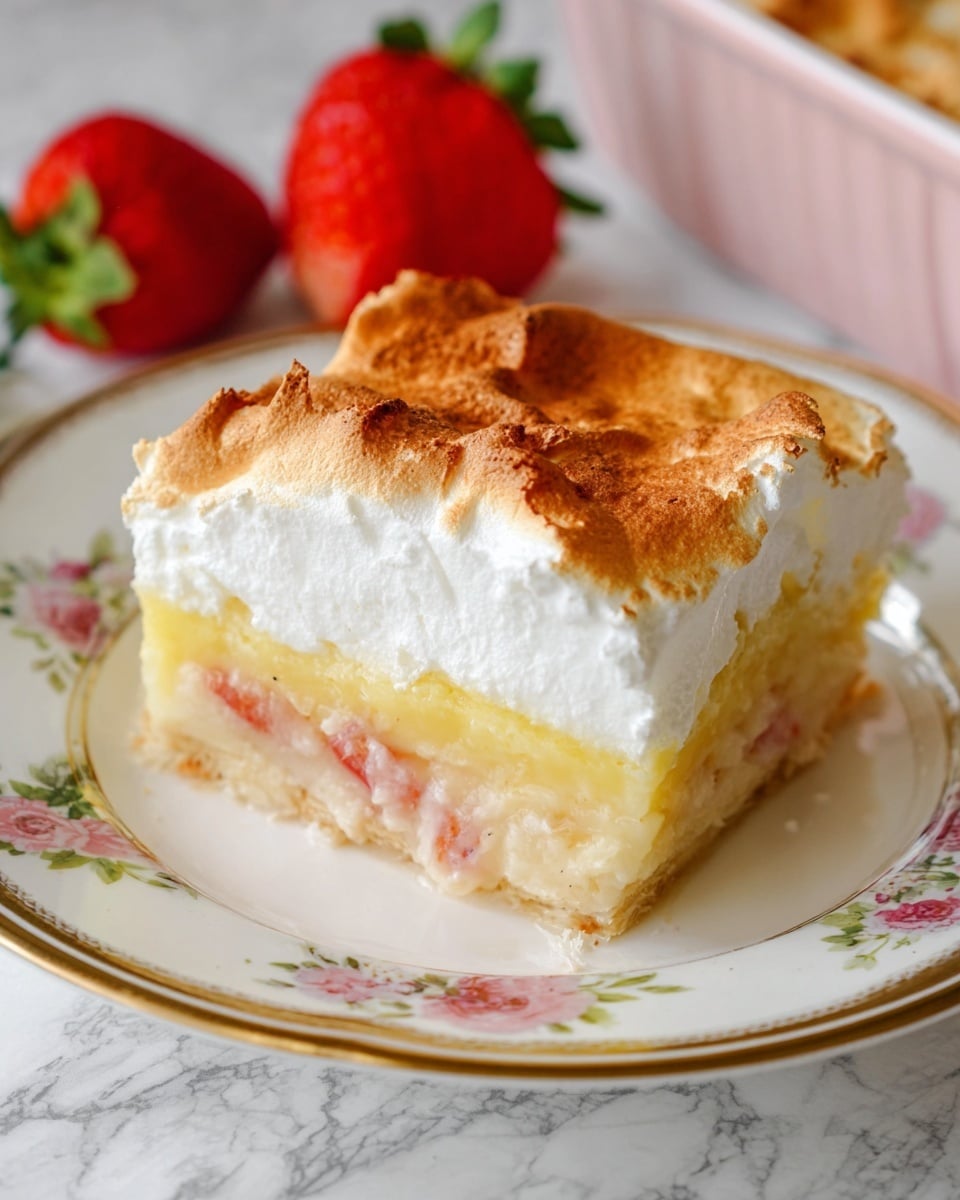 A square slice of layered dessert sits on a white plate with floral patterns and a gold rim. The bottom layer is a light golden crust, topped by a thick yellow custard-like layer with bits of pinkish fruit mixed in. Above that is a thick, fluffy white layer, ending with a toasted golden top that has a slightly crispy texture. The dessert is placed on a white marbled surface, with bright red strawberries nearby, adding a fresh touch. Photo taken with an iphone --ar 4:5 --v 7