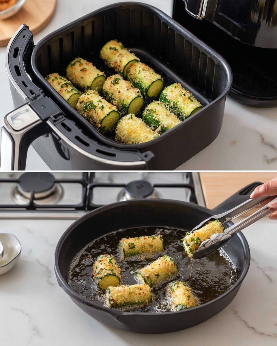The image shows zucchini rolls being cooked in two different ways. On the left, six zucchini rolls are placed side by side inside a black air fryer basket with a shiny silver handle, sitting on a white marbled surface. Each roll is wrapped with green zucchini slices and coated with a light yellow crumb layer sprinkled with green herbs. On the right side, six similar zucchini rolls are frying in a black cast iron pan on a stove, with bubbling oil visible around them. A woman's hand using silver tongs holds one roll above the pan. The background includes a white stove and kitchen setup. photo taken with an iphone --ar 4:5 --v 7