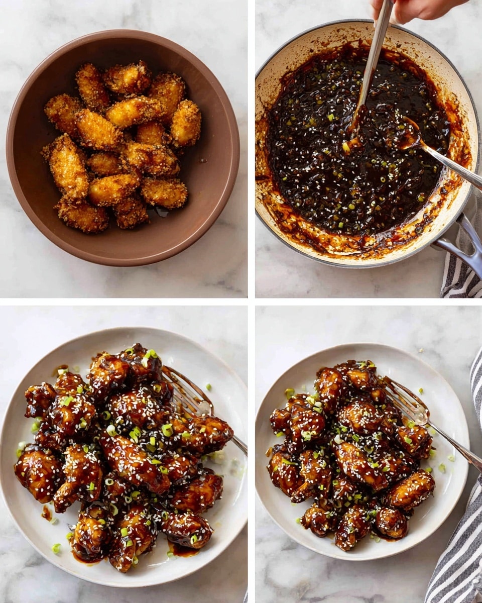 The image shows four steps of making sticky chicken wings on a white marbled surface. Step 1 has a round brown bowl filled with crispy cooked chicken wings, golden brown in color with a crunchy texture. Step 2 shows some of these wings being placed into a white pan with a dark sticky sauce at the bottom. Step 3 depicts the wings being mixed in the pan with a spoon, fully coated in the shiny dark sauce. Step 4 presents the finished dish on a white round plate, with the wings covered in the glossy sticky sauce, sprinkled with white sesame seeds and garnished with small pieces of green onion. A striped cloth is partially visible in the corner of some images. Photo taken with an iphone --ar 4:5 --v 7