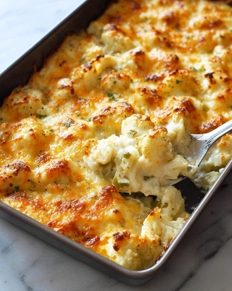 This is a close-up of a baked casserole in a dark baking dish on a white marbled surface. The dish has a creamy, white layer mixed with chunks of light beige pieces, possibly cauliflower, and some green bits scattered evenly. The top is covered with a golden-brown browned melted cheese layer, showing a blend of creamy white and golden orange spots with bubbly texture. A silver serving spatula is gently lifting a piece from the bottom right corner, showing a soft, creamy inside with the baked golden crust on top. Photo taken with an iphone --ar 4:5 --v 7