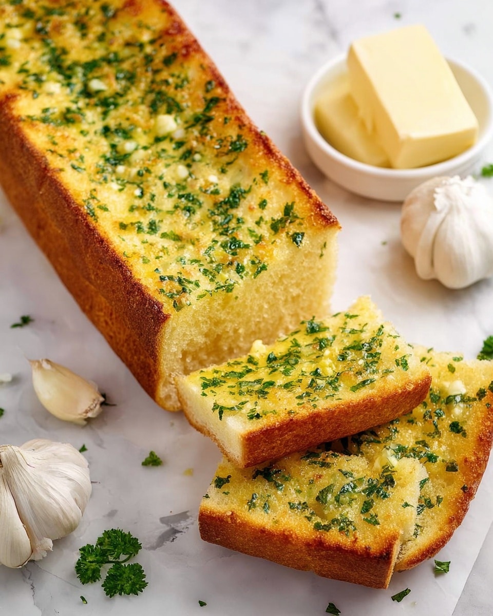 The image shows a long piece of toasted garlic bread on a white marbled surface, topped with a golden-yellow layer of melted butter mixed with finely chopped green herbs spread evenly across the surface. The bread is thick with a crunchy, browned crust on the edges and smoother soft texture inside. Next to the long piece, there are four smaller slices cut from a similar loaf, each with the same yellow butter and green herb topping. In the background, some white garlic bulbs and a small white bowl holding slices of butter are visible, with a few parsley leaves scattered around for decoration. photo taken with an iphone --ar 4:5 --v 7