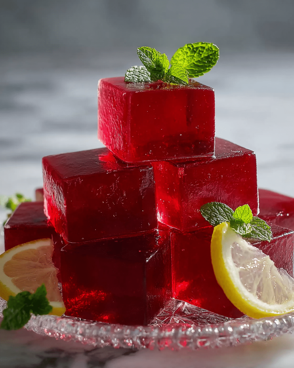 The image shows six shiny, red jelly cubes stacked in two layers on a clear glass plate. The bottom layer has three cubes, and the top layer has three cubes resting on them. The jelly is translucent with a wet, smooth surface that catches the light. Two green mint leaves decorate the front and top left of the cube stack. A thin slice of lemon with a light yellow color is placed slightly behind the jelly cubes on the right side. The plate sits on a white marbled surface, and the background is soft and blurred with light gray tones. Photo taken with an iphone --ar 4:5 --v 7