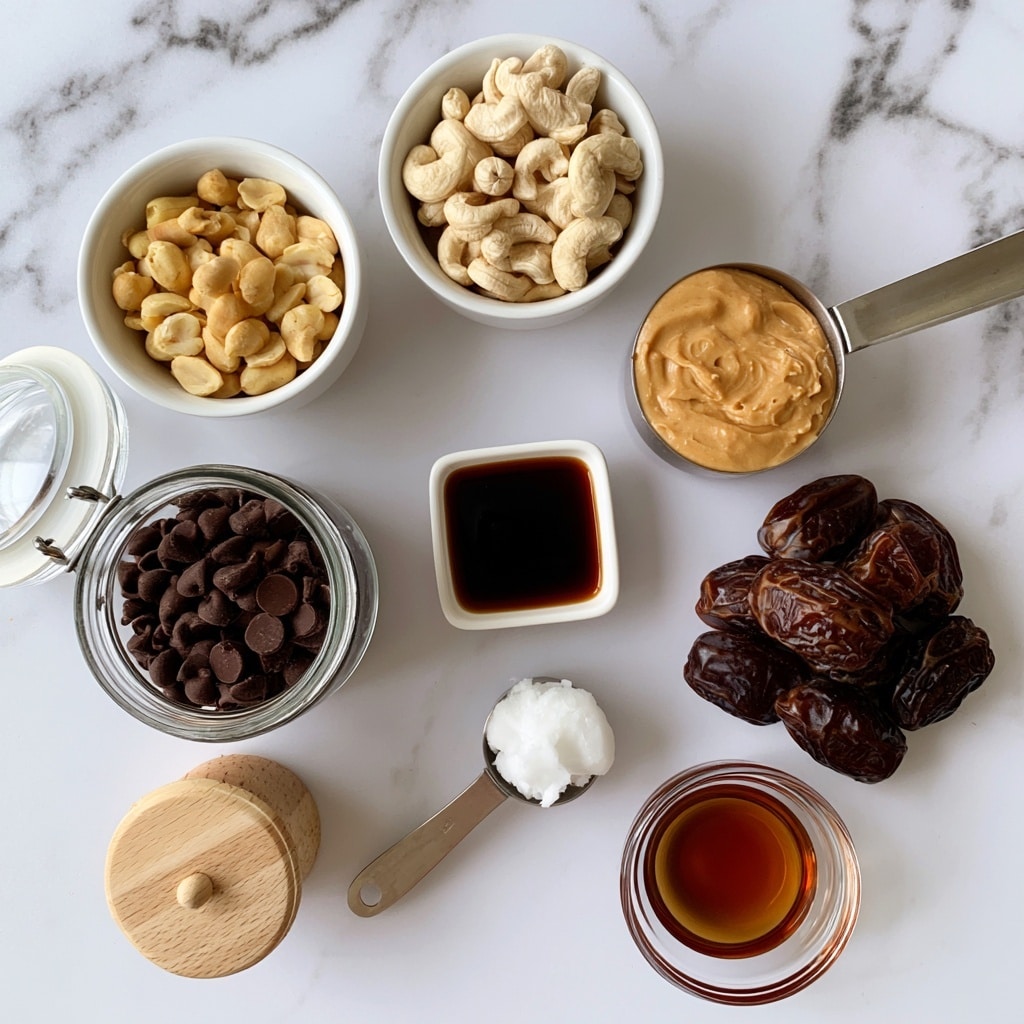 The image shows nine small containers arranged on a white marbled surface, each holding different ingredients. At the top center, a white bowl is filled with light beige cashews. Below it to the left, a white bowl holds pale yellow peanuts. In the middle left, there is a clear glass jar filled with dark brown chocolate chips with its lid open. At the center right, a metal measuring cup contains smooth light brown peanut butter. Near the center, a small square white dish has dark amber vanilla extract. Below that, a metal measuring spoon holds solid white coconut oil. To the right side, a cluster of dark brown Medjool dates is arranged closely together. At the bottom right, a small clear glass bowl contains dark amber maple syrup. Lastly, at the bottom left, a small wooden bowl with a lid is filled with light tan-colored salt. Photo taken with an iphone --ar 4:5 --v 7