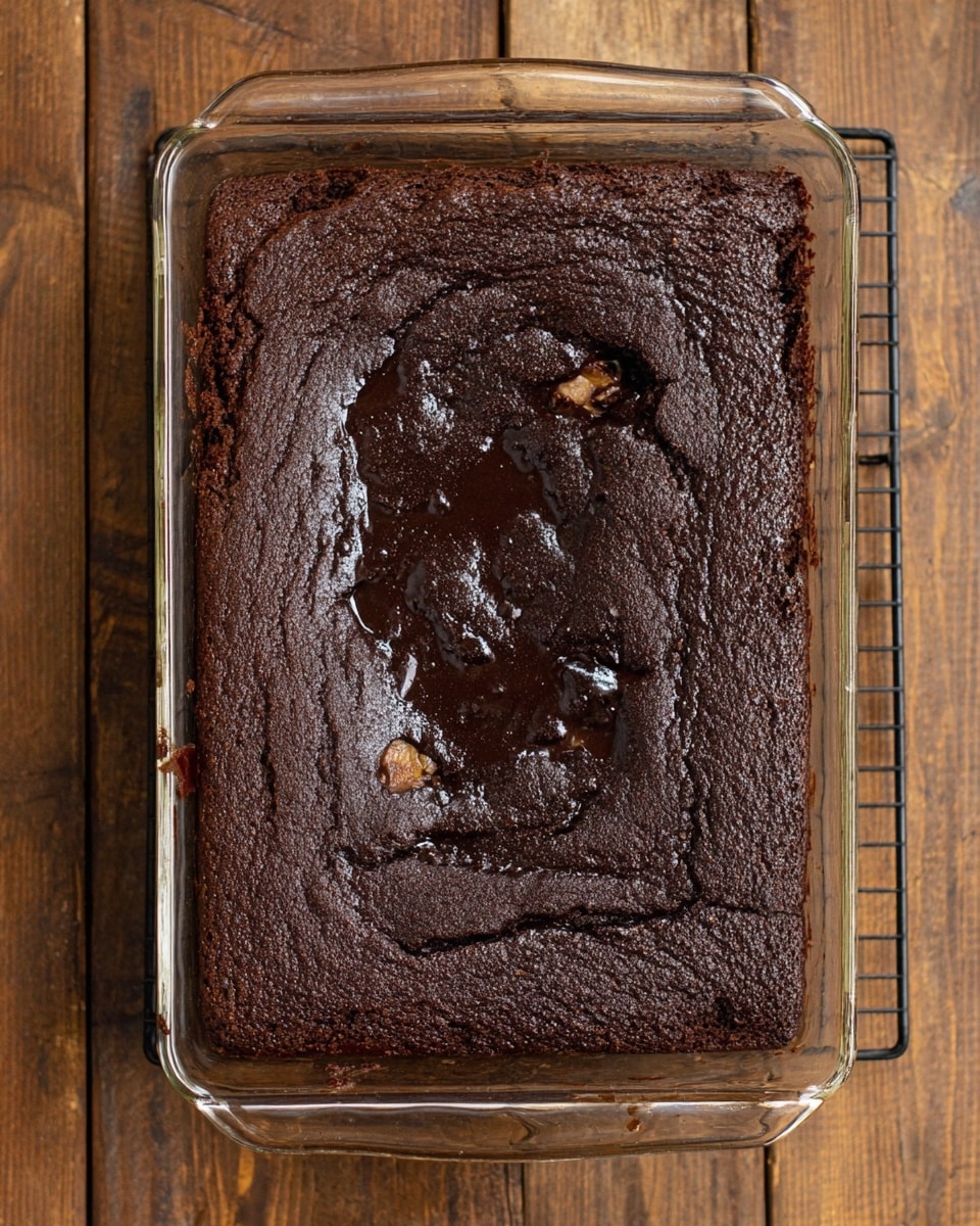 A single thick layer of dark brown chocolate cake fills a clear glass rectangular baking dish. The cake has a cracked and slightly rough texture on the top with a shiny, almost wet-looking dark spot in the center, showing some unevenness. The edges are slightly raised and darker, indicating a firmer crust, while the rest of the surface looks moist and soft. The baking dish rests on a black cooling rack placed on a wooden table. Photo taken with an iphone --ar 4:5 --v 7