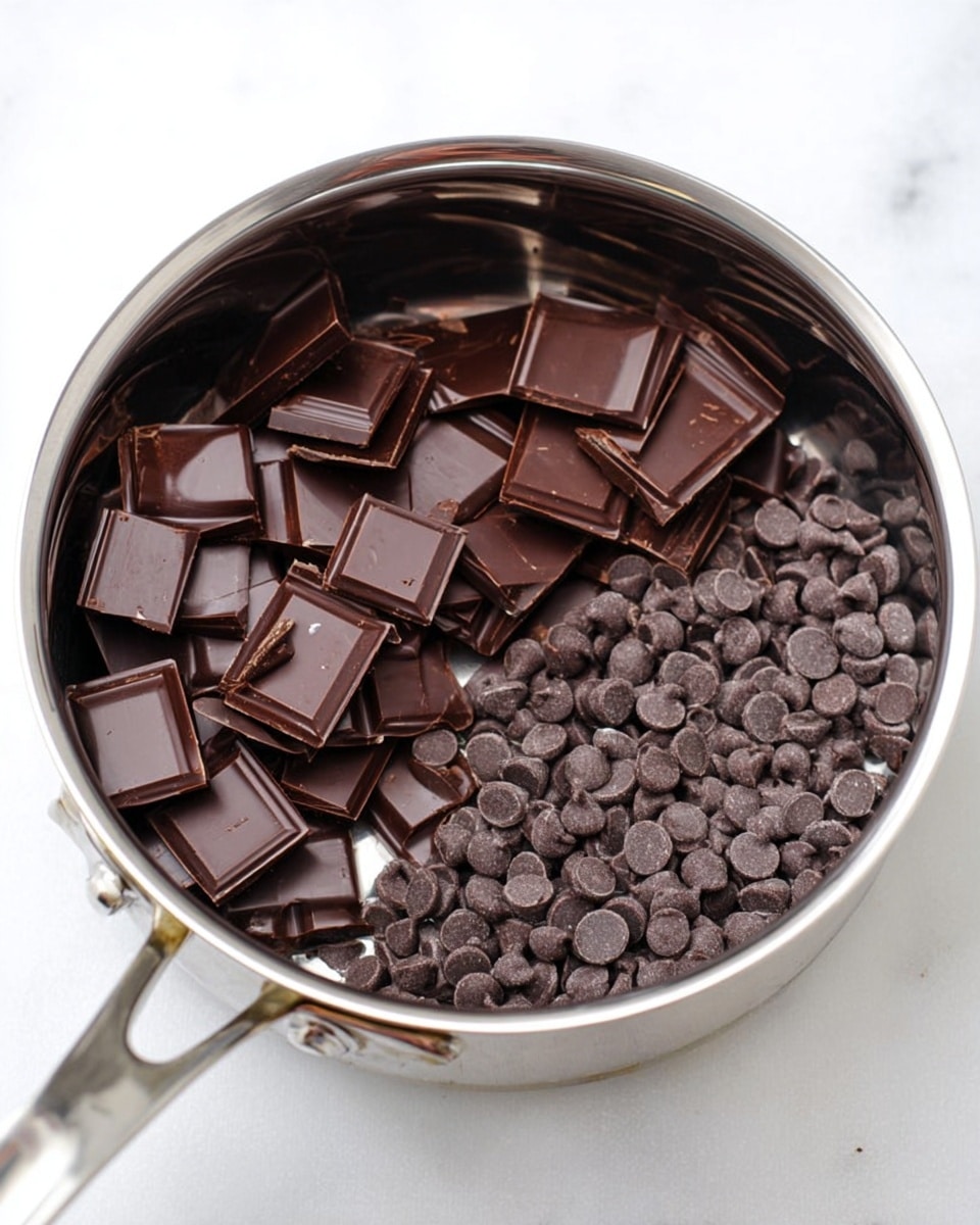 A shiny silver double boiler pot sits on a white marbled surface, filled with two types of dark chocolate: roughly broken rectangular pieces and small round chocolate chips, both rich dark brown in color. The broken chocolate pieces layer on the right side while the chocolate chips cluster on the left, with a few chocolate shavings scattered among them. The pot has a reflective surface and a handle visible on the right side. photo taken with an iphone --ar 4:5 --v 7