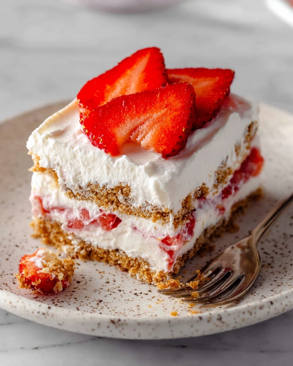 A square piece of dessert with three visible layers stands on a speckled white plate on a white marbled surface; the bottom layer is a light brown crumbly crust, followed by a thick white creamy layer mixed with small chunks of red strawberries; above that is another crumbly brown layer, topped with a final thick white cream layer. On top, three bright red strawberry slices are neatly arranged, showing their seeds and texture. A small piece of the dessert is on a fork near the plate's edge. Photo taken with an iphone --ar 4:5 --v 7