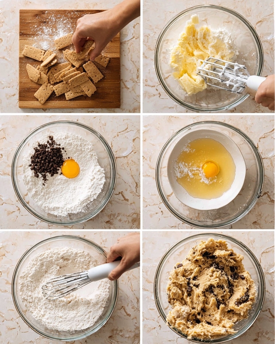 The image shows six steps for making cookie dough. Step 1 has a close-up of a woman's hand breaking light brown crackers into small pieces on a wooden board. Step 2 shows a clear glass bowl with soft yellow butter, white sugar, and brown sugar, with a hand mixer inside. Step 3 captures the mixing bowl with the butter and sugar mix and a fresh raw egg yolk added in the center, along with the hand mixer beaters resting inside. Step 4 shows a white plate with white and brown powdery flour being stirred by a woman's hand with a white spatula. Step 5 has the white flour being poured slowly from the white plate into the glass bowl with the butter and sugar mix. Step 6 displays thick dough in the glass bowl with lots of dark chocolate chips and some brown sugar on top, a white spatula positioned to the right. The background has a white marbled texture. photo taken with an iphone --ar 4:5 --v 7