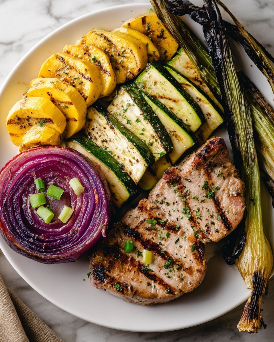 This image shows a tray with a colorful mix of grilled vegetables arranged in layers. There are long strips of yellow and green zucchini with dark grill marks placed across the top and middle. Near the center, bright orange bell pepper pieces overlap each other with some charring on the edges. On the lower part of the tray, round purple onion slices form a small cluster with visible rings and slight browning. To the right, a bunch of green grilled scallions with charred tips lies in a row. In the top right, red bell pepper strips with blackened spots complete the mix. The tray is set on a white marbled surface. photo taken with an iphone --ar 4:5 --v 7
