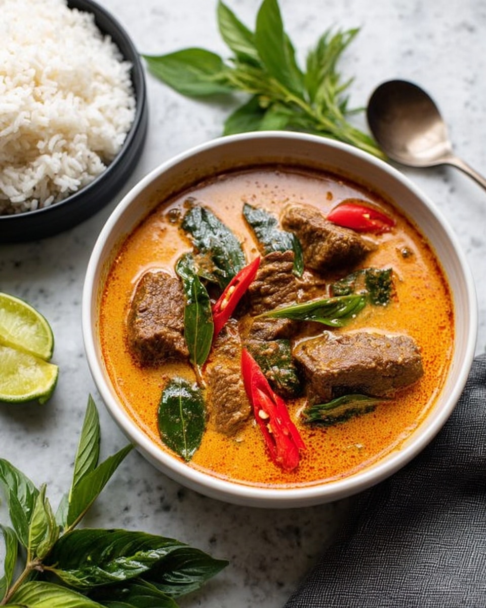 A white bowl shows a rich orange curry with several pieces of browned meat and bright green leaves floating on top, along with slices of red chili. The curry has a smooth, creamy texture filling the bowl almost to the edge. Next to it, a smaller white bowl is heaped with plain white rice, with each grain visible. The bowls sit on a white marbled surface, scattered with fresh green leaves and a piece of lime. In the background, a woman's hand holds a spoon near the bowls. Photo taken with an iphone --ar 4:5 --v 7