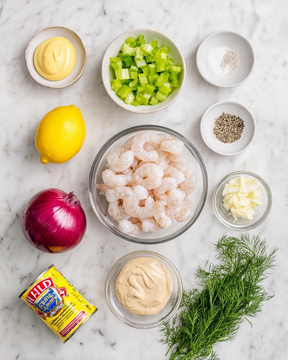 A top-down view of ingredients neatly arranged on a white marbled surface: a clear glass bowl in the center filled with white and pink cooked shrimp; above it, a small white bowl with chopped green celery pieces; to the right of celery, a whole bright yellow lemon; to the left of the shrimp bowl, a small glass bowl with a dollop of light yellow mustard; below that, a silver bowl with smooth, pale beige mayonnaise; to the right of the mayonnaise, a small white bowl with coarse white salt and black pepper; above this, another small white bowl holds minced garlic pieces; to the left of the celery, a whole red onion; and to the far left, a yellow Old Bay seasoning can with a red lid; fresh sprigs of green dill lay at the bottom right corner. Photo taken with an iphone --ar 4:5 --v 7
