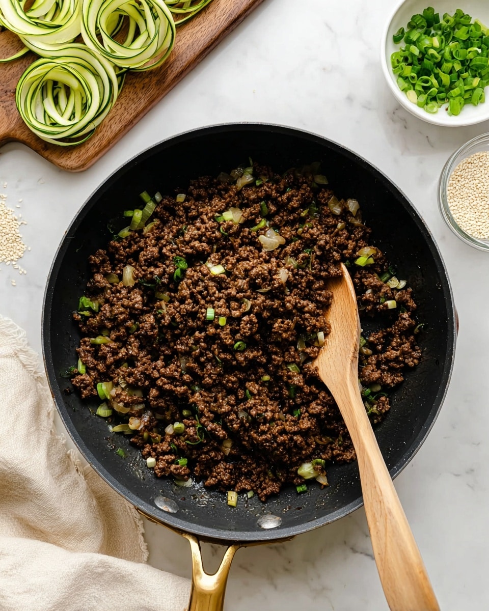 A black pan with a golden handle holds one layer of cooked ground beef, dark brown in color and mixed with small pieces of light green and white onions. A wooden spoon rests inside the pan, placed slightly diagonally from bottom right to center. Around the pan, a white marbled surface features a wooden board to the top left with thin green cucumber ribbons, a white bowl with finely chopped green onions to the top right, and a small glass container of white sesame seeds next to it. A cream-colored cloth lies partially visible at the bottom left. Photo taken with an iphone --ar 4:5 --v 7