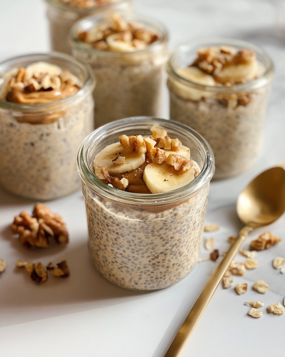The image shows five clear glass jars filled with a creamy chia pudding base that looks light beige with tiny black chia seeds. The front jar is topped with thin banana slices, a dollop of light brown nut butter, and small pieces of light brown walnuts scattered on top. Around the jars are more walnut pieces on a white marbled surface. There is a gold spoon on the right side near the jars, and the background is softly blurred, keeping the focus on the front jar and its toppings. photo taken with an iphone --ar 4:5 --v 7
