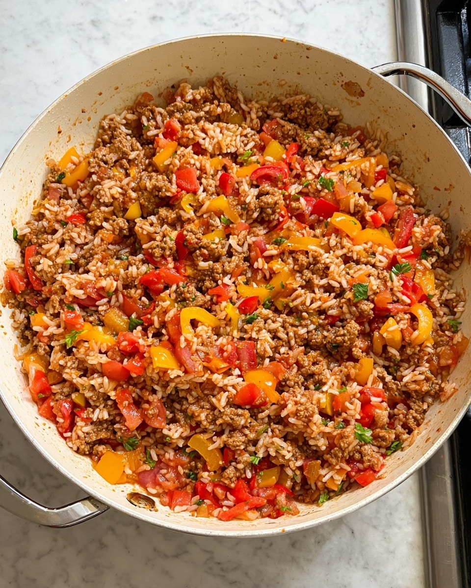 A white pan filled with cooked ground meat mixed with white rice, bright red and yellow bell pepper pieces, chopped red onion, and small chunks of tomato. The mixture shows a soft, slightly saucy texture with colors blending of brown from meat, white from rice, and vibrant reds and yellows from the vegetables, all evenly spread inside the pan. The pan has silver handles and sits on a stove with a white marbled surface around. photo taken with an iphone --ar 4:5 --v 7