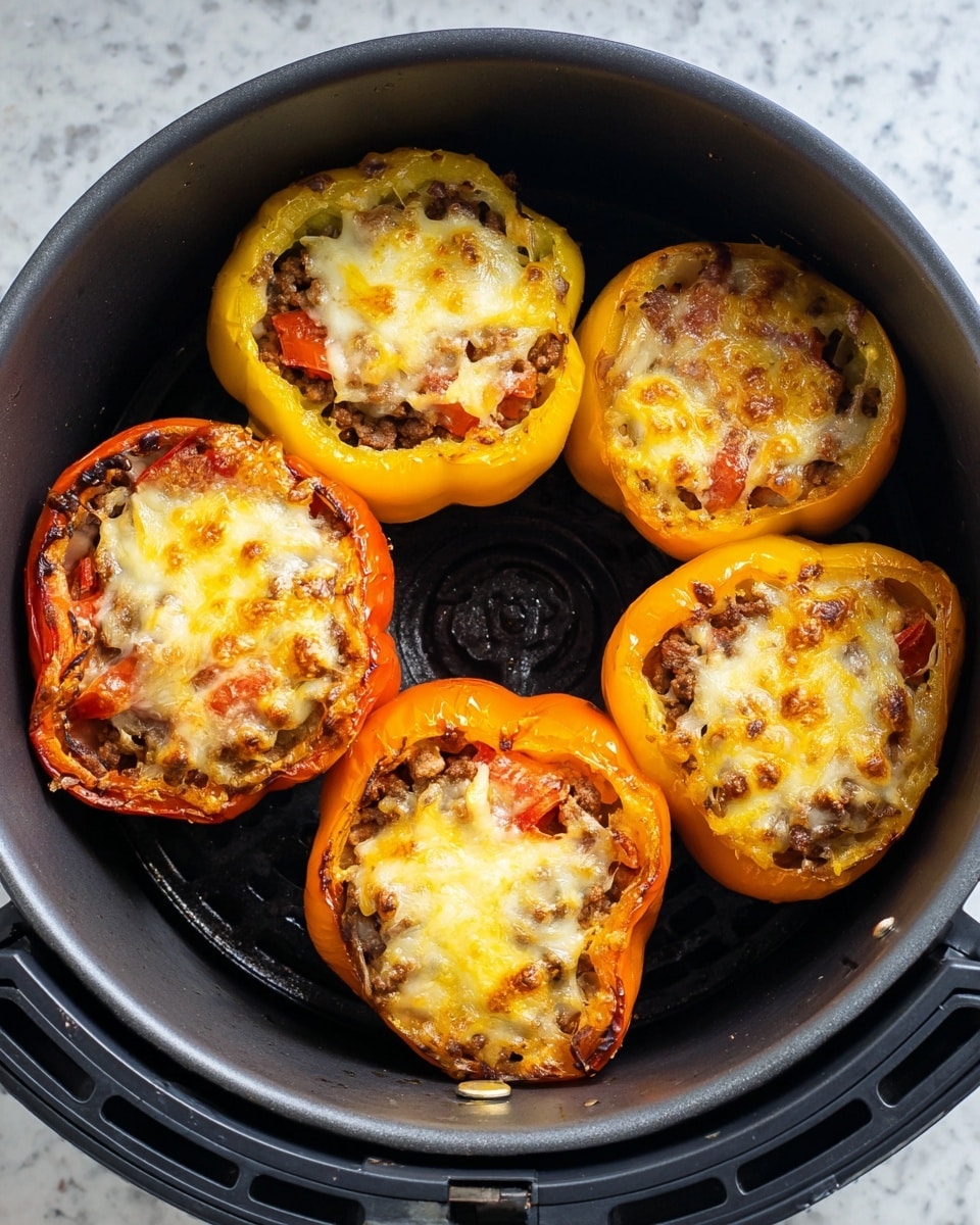 The image shows five stuffed bell peppers in an air fryer basket, arranged in a circle with two yellow peppers and three orange peppers. Each pepper is hollowed and filled with a mix of ground meat and small pieces of red peppers, topped evenly with melted golden-brown cheese that covers the filling. The texture of the cheese looks slightly bubbly and browned in spots, sitting just above the mix inside each pepper cavity. The basket is black with a wire base and visible air holes, sitting on a white marbled surface. Photo taken with an iphone --ar 4:5 --v 7