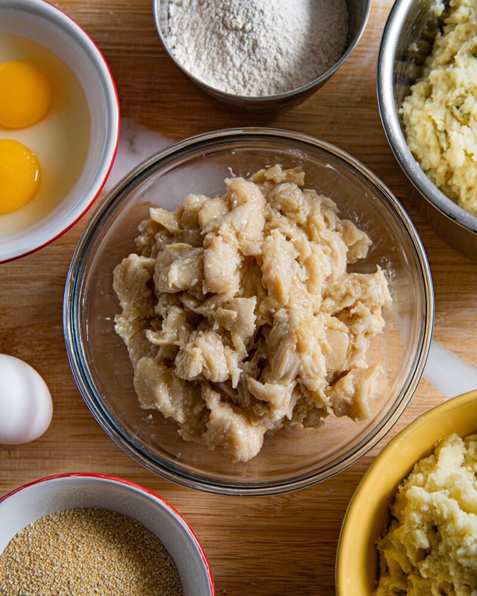 The image shows a large clear glass bowl in the center filled with small, pale beige pieces of cooked chicken with a slight shine. To the left, a white bowl with red edges holds two raw eggs with bright yellow yolks and clear whites. Below that, there is another white bowl with red edges filled with fine, light brown breadcrumbs. To the right of the chicken bowl, a yellow bowl contains white flour with a smooth surface. In the upper right corner, there is a metal bowl filled with mashed potatoes, showing a creamy and slightly lumpy texture. All items are placed on a wooden surface but with a white marbled texture background visible around. photo taken with an iphone --ar 4:5 --v 7