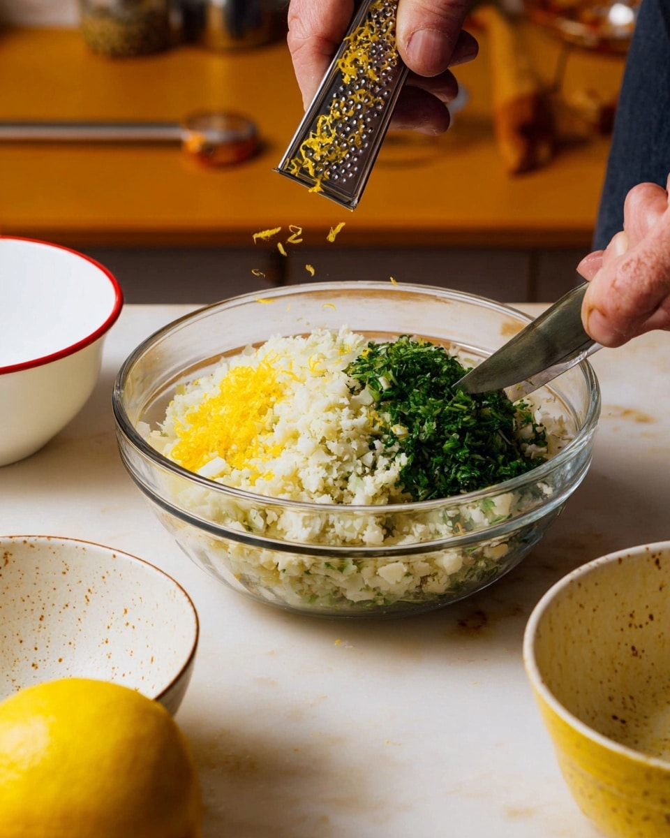 A clear glass bowl sits on a white marbled surface filled with three main layers: the bottom layer is a light, crumbly texture of white cauliflower rice, the middle layer is a bright green mound of finely chopped herbs, and the top layer is a small pile of yellow lemon zest. To the left of the bowl are two white bowls, one with a red rim and the other plain white. On the right side, there is a white bowl with a yellow inside and speckled outer yellow edge. A pair of hands are visible, one holding a lemon and the other a zester, grating the lemon zest directly onto the bowl. The background features soft kitchen elements with warm tones. photo taken with an iphone --ar 4:5 --v 7