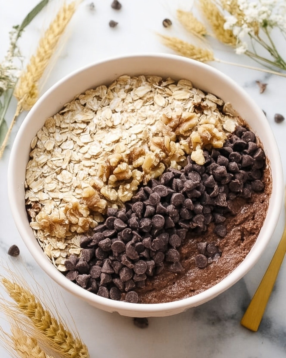 The image shows a white bowl filled with three main layers of ingredients. The bottom layer is a dark brown chocolate mix, covering the bottom and sides of the bowl. On top of this, one half of the surface is covered with light beige rolled oats mixed with small pieces of walnut, giving a rough and crunchy texture. The other half is covered with a pile of small, dark brown chocolate chips, standing out clearly against the oats. The bowl is placed on a white marbled surface with some light-yellow natural decorations and golden chopsticks nearby. Photo taken with an iphone --ar 4:5 --v 7