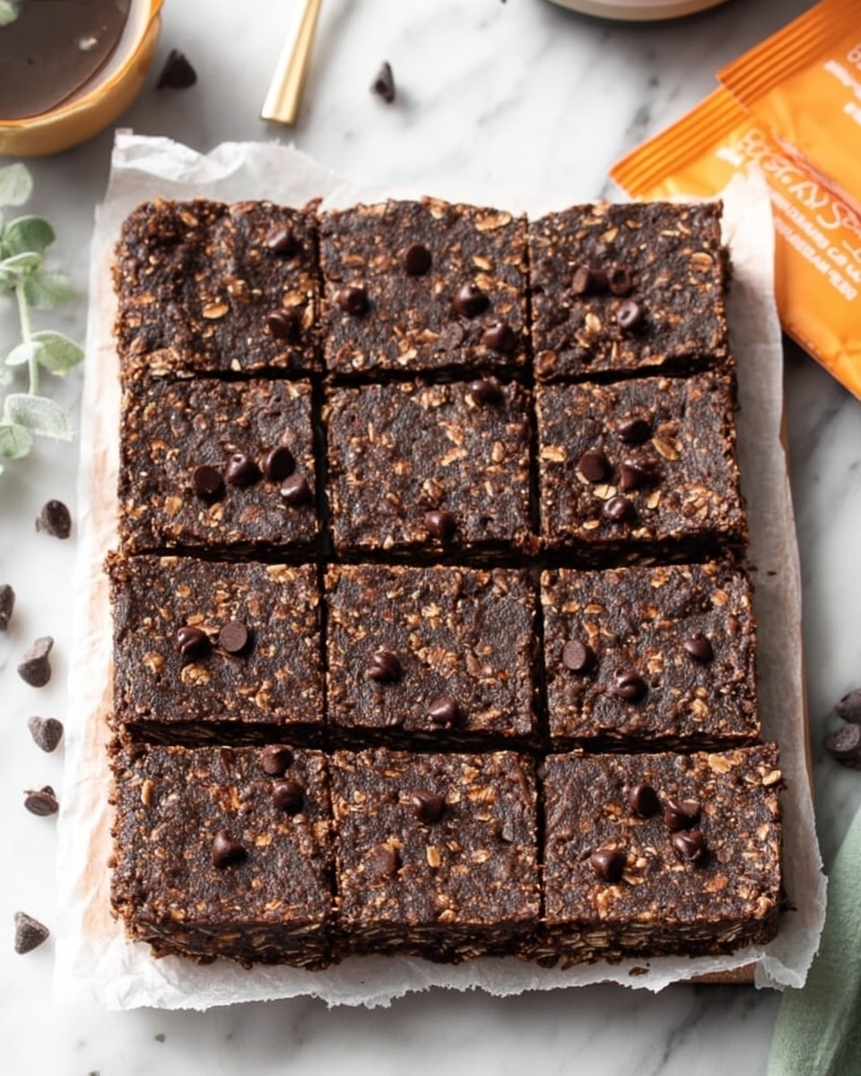 The image shows a square batch of chocolate oat bars divided into eight rectangular pieces, arranged in two rows of four on white parchment paper. Each bar is dark brown with a rough, crumbly texture from the oats mixed throughout, and the top is sprinkled with scattered shiny dark chocolate chips. The parchment paper lies on a white marbled surface with blurred green herbs and orange packets in the background. photo taken with an iphone --ar 4:5 --v 7