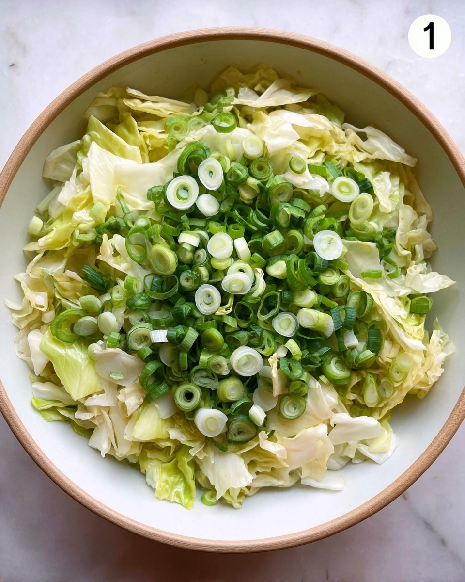 A flat lay view shows ingredients arranged on a white marbled surface. At the top left is a large, light green napa cabbage with crinkly leaves. Below it are several long green onions with white bulbs and green stalks, stacked diagonally. Below the onions is a small white plate holding three off-white slabs of butter. In the center is a white plate with a block of pale yellow ramen noodles that have a wavy texture. To the right are small glass containers holding clear gold canola oil, light yellow rice vinegar, dark brown soy sauce, and amber sesame oil, arranged from top to bottom. Below these is a small white bowl of white granulated sugar and next to it a clear bowl filled with slivered almonds of creamy beige color. The wooden texture background is visible around the ingredients. photo taken with an iphone --ar 4:5 --v 7