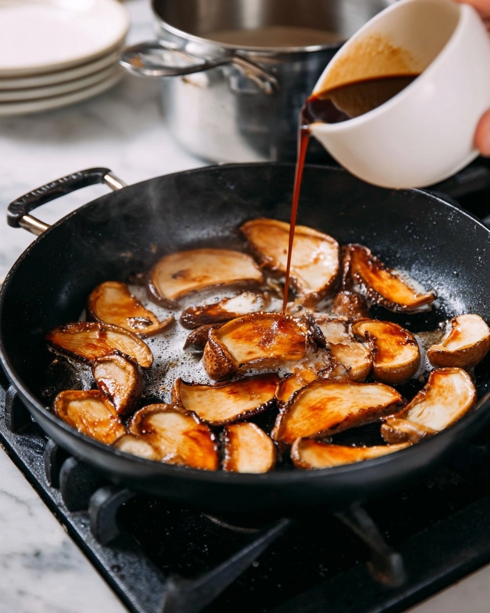 A black pan filled with thick slices of king oyster mushrooms cooking, each piece showing a mix of light tan and deep golden-brown colors with slight crisp edges. A white bowl held by a woman's hand is pouring a dark brown sauce over the mushrooms, adding shine and moisture. The pan is on a stove with a white marbled countertop around it, and in the background are a silver pot and some utensils resting on a white plate. Steam rises gently from the pan, indicating heat and cooking action. photo taken with an iphone --ar 4:5 --v 7