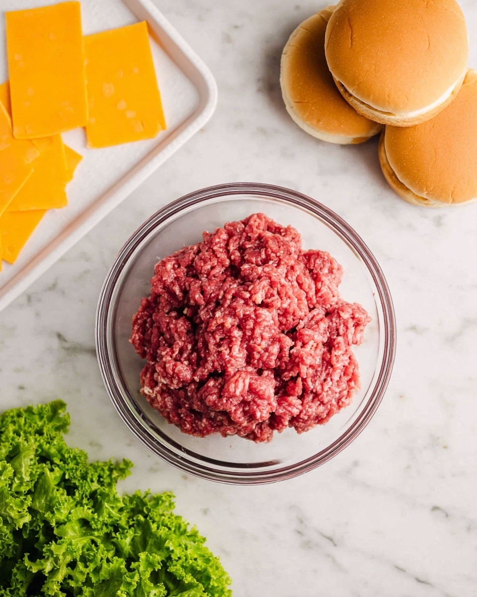 A clear glass bowl filled with raw ground beef sits in the center of a white marbled surface. To the top right of the bowl, there are three soft, light brown sandwich buns stacked closely together. On the top left side, a white tray holds six bright orange slices of cheddar cheese neatly layered. At the bottom left corner, fresh green leafy lettuce adds a pop of color against the white marbled background. The scene is well lit, with the textures and colors of each ingredient clearly visible, photo taken with an iphone --ar 4:5 --v 7