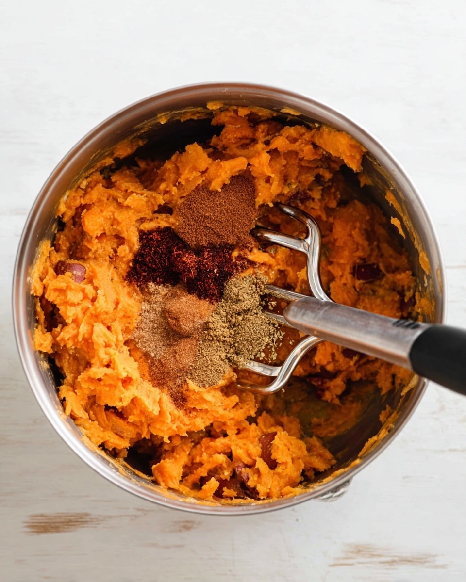 A silver metal pot holds mashed orange sweet potatoes with bits of skin visible, showing a rough texture. On top of the sweet potatoes are three piles of brown and red spices in the center, standing out against the orange mash. A metal potato masher with a black handle is partially pressed into the mixture from the right side. The pot is placed on a white marbled surface, with a clean white background behind it. photo taken with an iphone --ar 4:5 --v 7