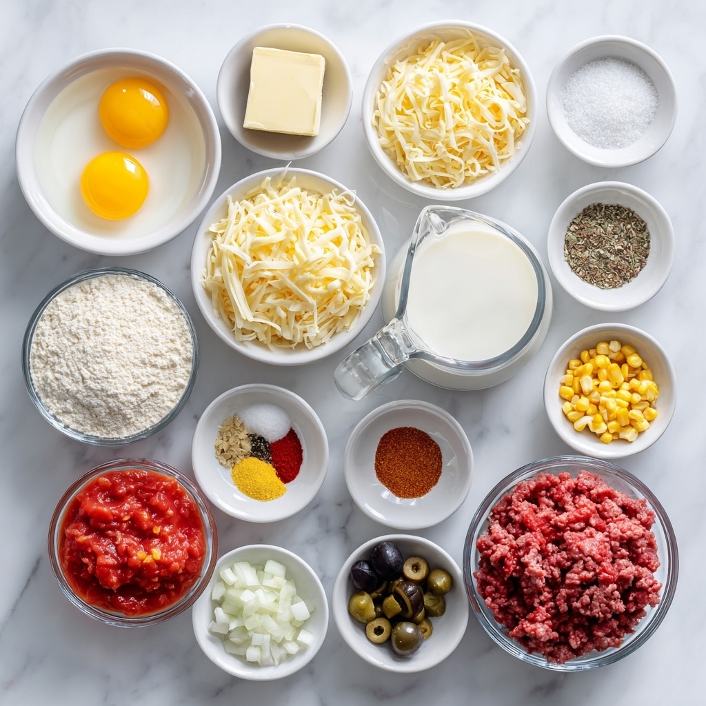 The image shows many small white bowls and one clear glass bowl arranged on a white marbled surface, each filled with different ingredients. From the top left, a white bowl holds two raw eggs with bright yellow yolks, next to it a small white bowl with a cube of pale yellow butter, and another small white bowl filled with white salt. Below the eggs is a clear glass measuring cup filled with white milk. Near the center is a medium white bowl piled with pale yellow shredded cheese. Around this center bowl are smaller white bowls containing white cornmeal, white sugar, red pepper flakes, black pepper, minced garlic, yellow corn kernels, ground cumin, and chili powder. Toward the bottom left is a white bowl with red diced tomatoes in sauce, next to it a white bowl of finely chopped white onion. At the bottom center is a clear glass bowl containing raw ground beef with deep red and brown shades. To the bottom right are small white bowls with red tomato sauce, black sliced olives, and chopped green bell pepper. All the ingredients show different colors and textures clearly visible. photo taken with an iphone --ar 4:5 --v 7