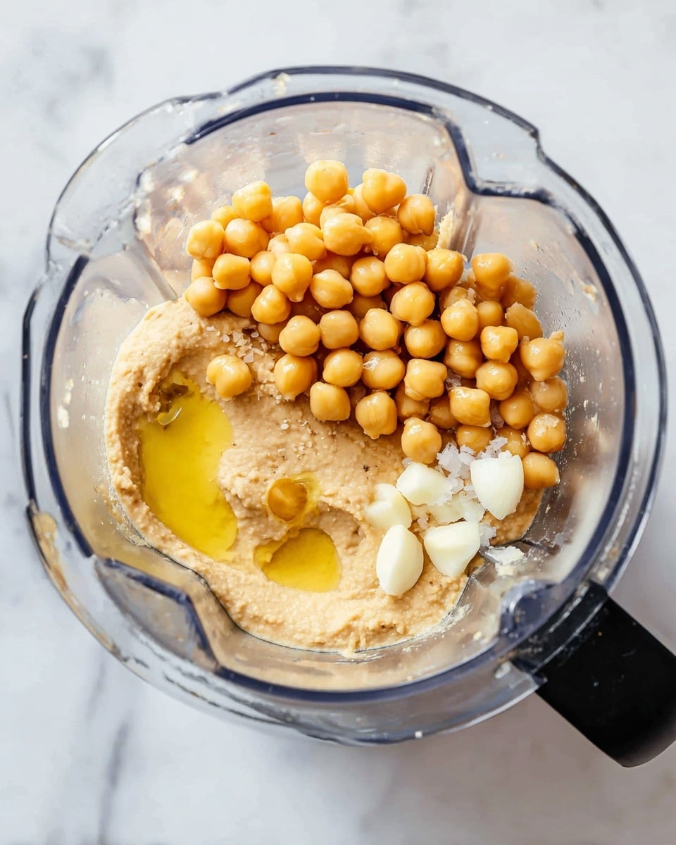 A clear blender container sits on a white marbled surface filled with chickpeas mostly on top, their light yellow round shapes covering a creamy tan colored hummus layer underneath. There is a small pool of golden olive oil on one side, a few large chunks of white garlic towards the bottom right, and a small spot of white salt on the top right inside the blender. The blender container has a black handle on the upper right edge. photo taken with an iphone --ar 4:5 --v 7
