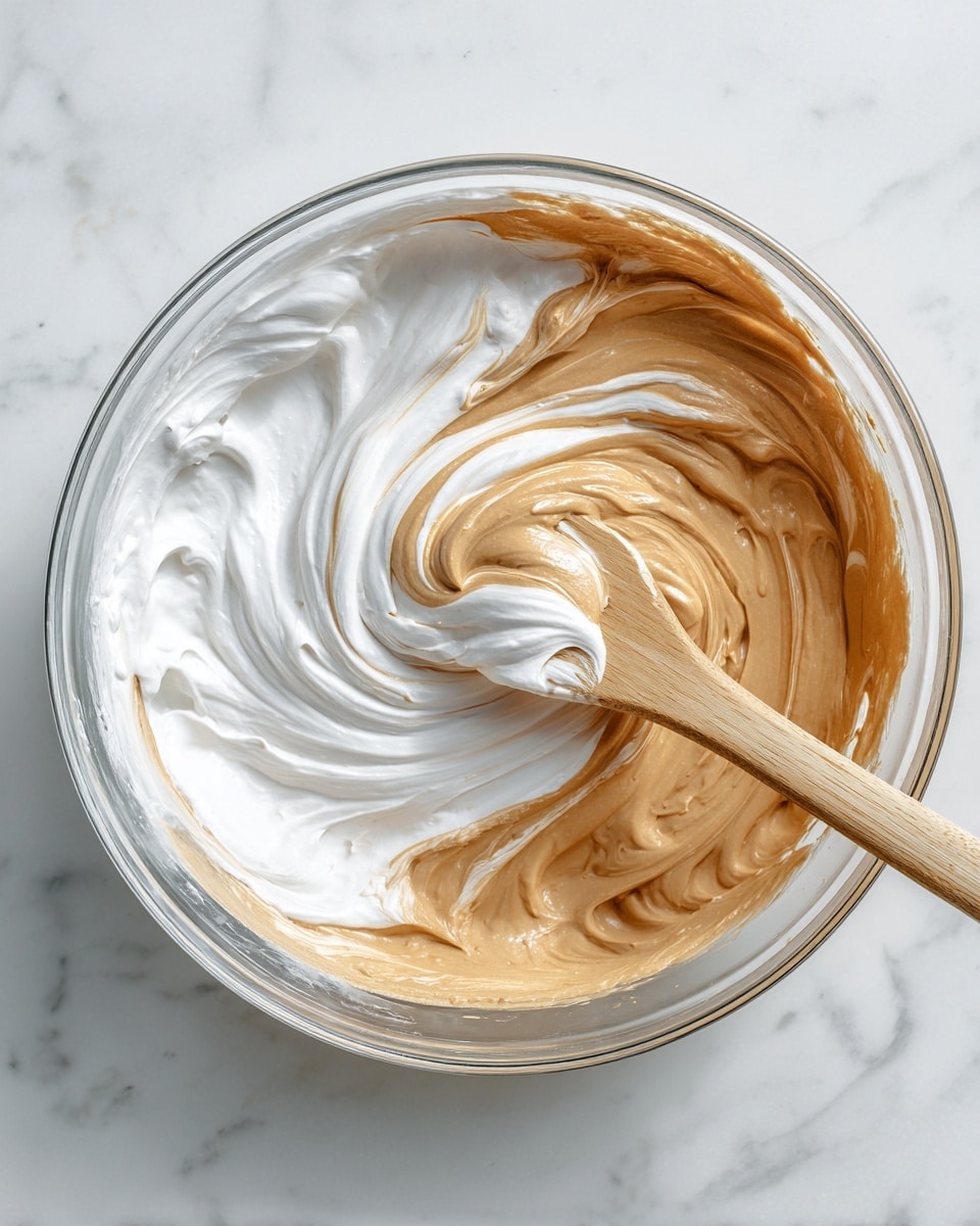 A clear glass bowl sits on a white marbled surface, holding a mix of two creamy swirled layers: one light tan and smooth, the other white and fluffy. A wooden spatula with a light beige handle rests inside the bowl, partially covered with the mix, showing the soft and thick textures blending together in a circular motion. The scene is bright and clear, focusing on the contrasting colors and soft textures of the mixture photo taken with an iphone --ar 4:5 --v 7