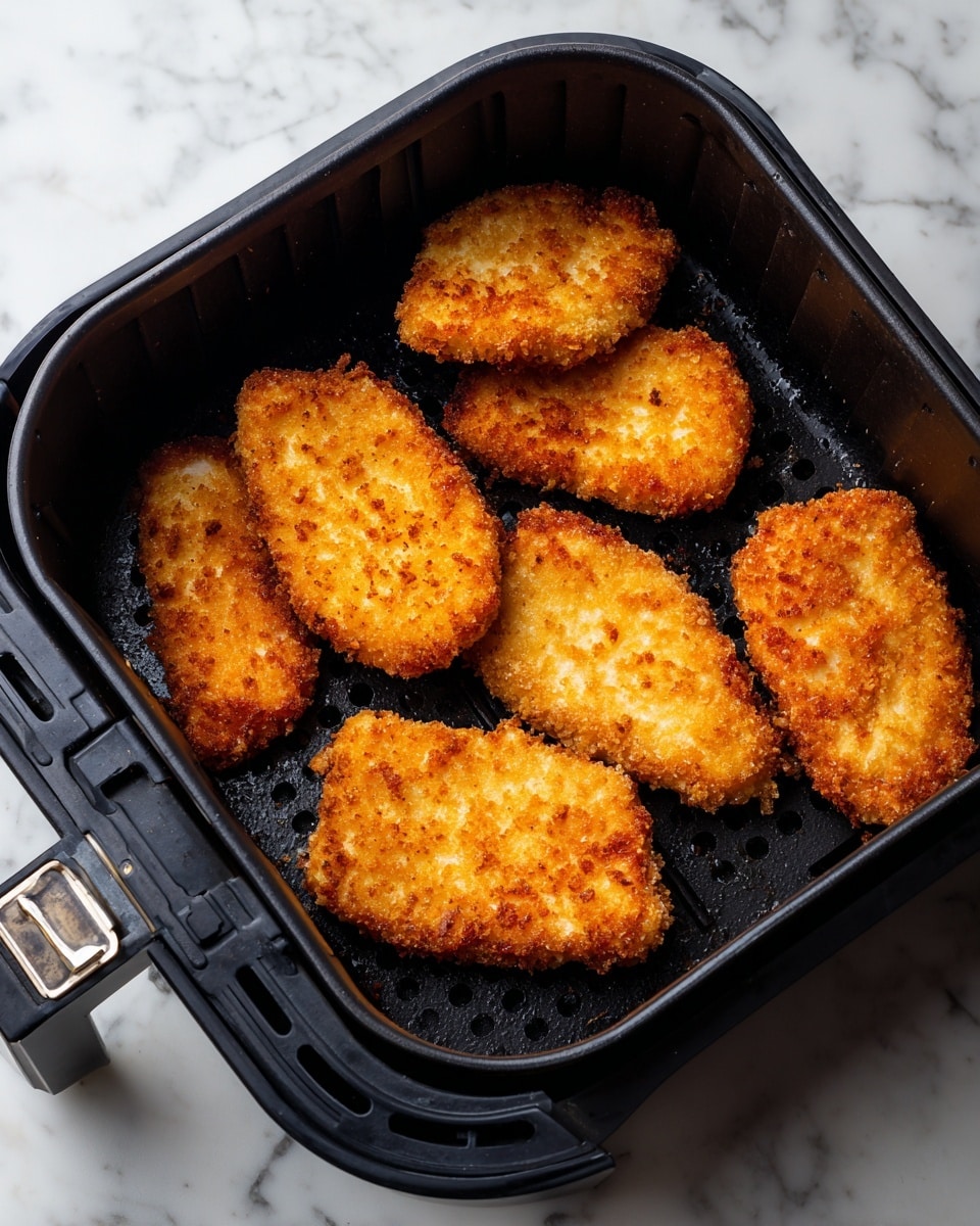 Six pieces of golden brown breaded chicken strips are placed inside a black air fryer basket with holes on the bottom and sides. The chicken pieces vary slightly in shape and size, forming a loose oval shape overall, with a crispy texture showing small browned crumbs. The basket sits open on a white marbled surface, and the metal latch at the front has a slightly shiny reflection. The scene has warm lighting emphasizing the chicken’s crunchiness. Photo taken with an iphone --ar 4:5 --v 7