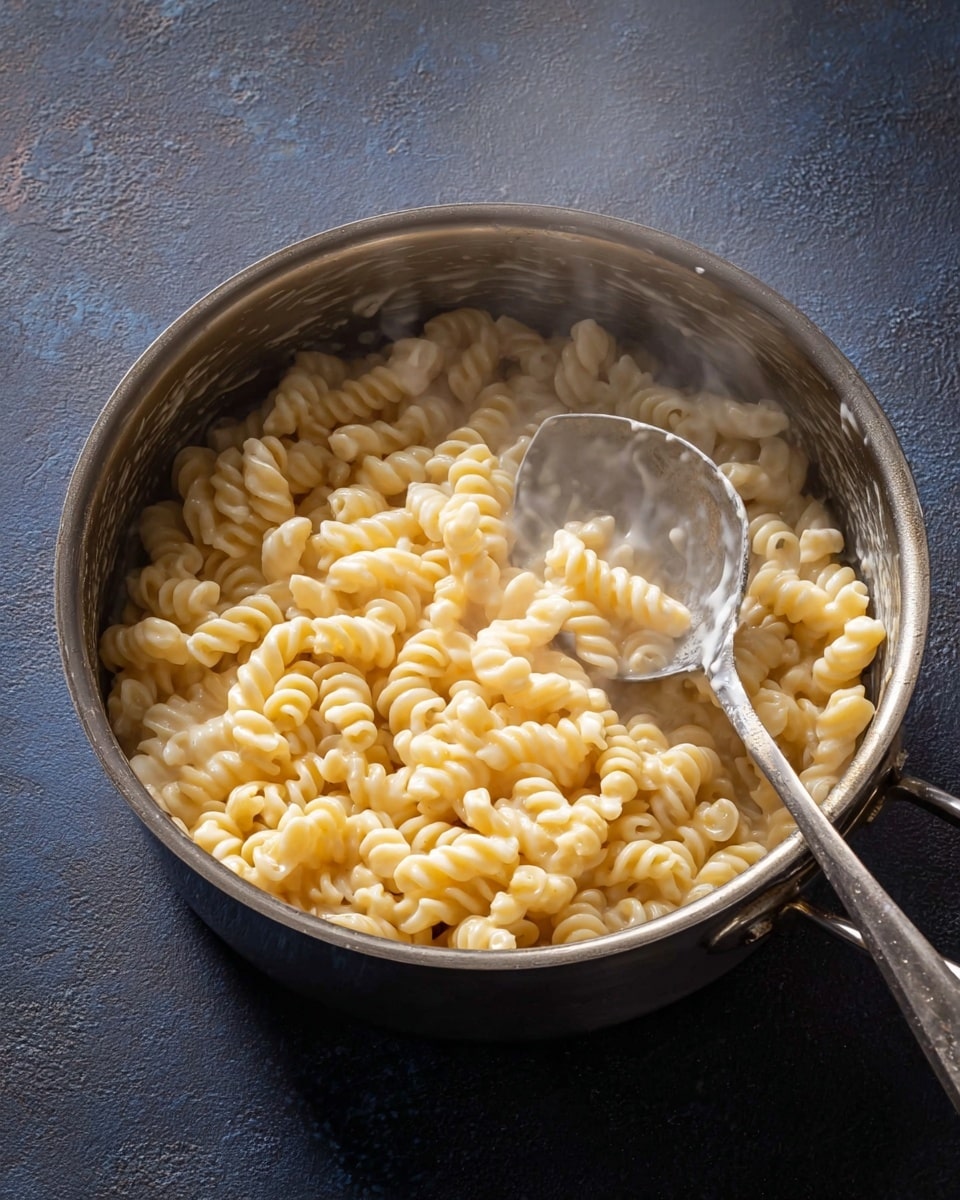 A close-up image of a metal pot filled with cooked short spiral pasta, lightly coated in a creamy white sauce. The pasta is pale yellow with a smooth, slightly shiny texture. A large metal spoon is partially submerged in the pasta, positioned on the right side of the pot, stirring the pasta. Steam rises gently from the pot, giving a sense of warmth. The pot sits on a dark, textured surface. photo taken with an iphone --ar 4:5 --v 7