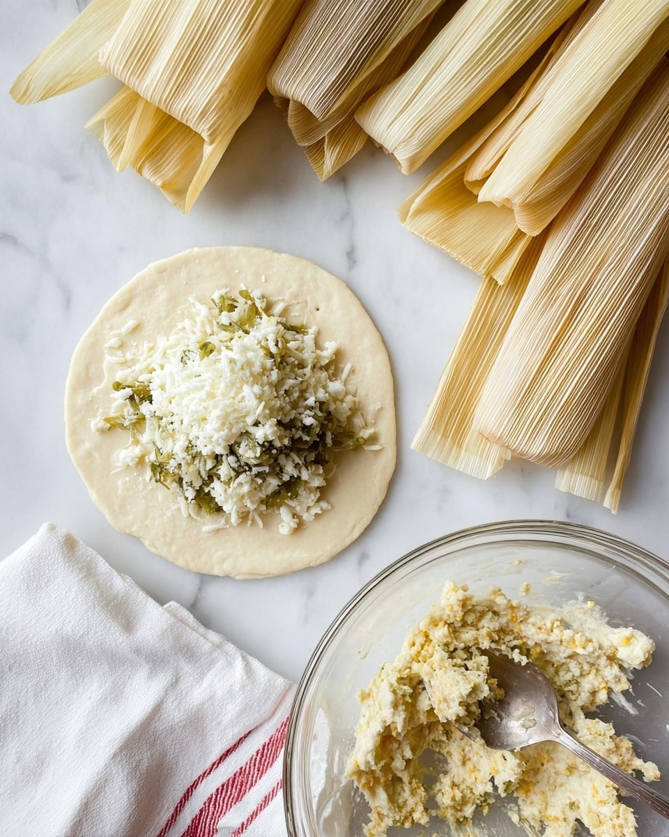 The image shows a close top view of a white corn husk with a flattened round layer of dough on it. On top of the dough, there is a mix of shredded white cheese and chopped green chili spread evenly in the center. Surrounding this, several corn husks are folded and stacked on a white marbled surface. To the right side, there is a clear glass bowl with the same cheese and chili mixture and a spoon inside it. A white cloth with a red stripe is partially visible in the bottom left corner. The textures show the soft dough, fibrous corn husks, and crumbly cheese and chili filling. photo taken with an iphone --ar 4:5 --v 7