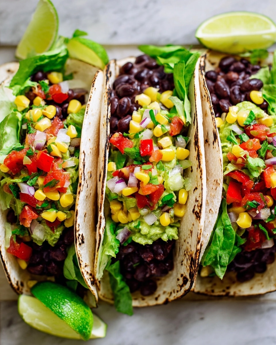 Three tacos placed side by side on a white marbled surface, each with soft, lightly charred corn tortillas folded in half. The bottom layer in each taco is a pile of black beans, dark and shiny, topped with a layer of chopped green lettuce. Over the lettuce is a colorful mix of yellow corn kernels, small red and green diced peppers, and bits of purple onion. Lime wedges with bright green peel and juicy interior sit at the front edge of the tacos. The image is bright, fresh, and detailed, showing the texture of each ingredient clearly. Photo taken with an iphone --ar 4:5 --v 7