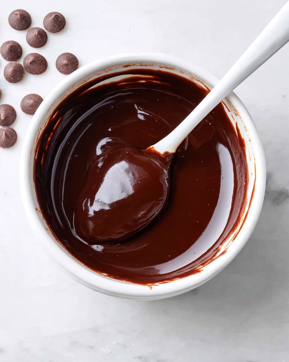 A white bowl filled with smooth, dark brown chocolate sauce that has a shiny, thick texture. A white spoon is inside the bowl, resting on the chocolate with some sauce on its edge. Around the top left of the bowl, a few small, round chocolate pieces are scattered on a white marbled surface. The inside edge of the bowl has streaks of chocolate sauce. Photo taken with an iphone --ar 4:5 --v 7