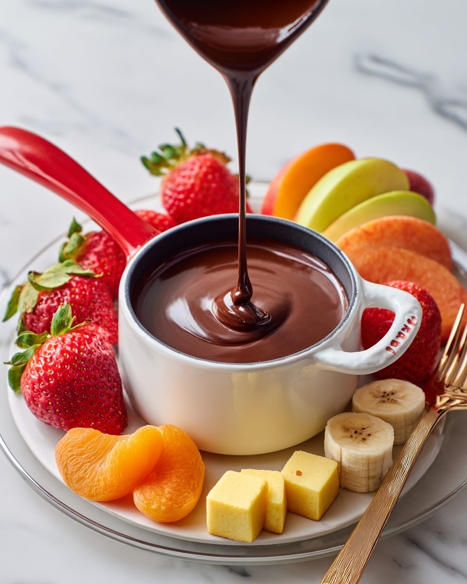 A white pot with red handles sits in the center of the image, filled with thick, smooth dark brown melted chocolate being poured in a thick stream from above. Around the pot, on a clear plate, lie several colorful fresh fruits and cake pieces: bright red strawberries with green leaves to the left, orange apricot slices in the back, peach slices behind on the right, pale yellow banana slices sprinkled with tiny seeds, and green apple slices. In front are small yellow square pieces of cake. A woman's hand holds a dessert fork to the right side, while all items rest on a white marbled surface. Photo taken with an iphone --ar 4:5 --v 7