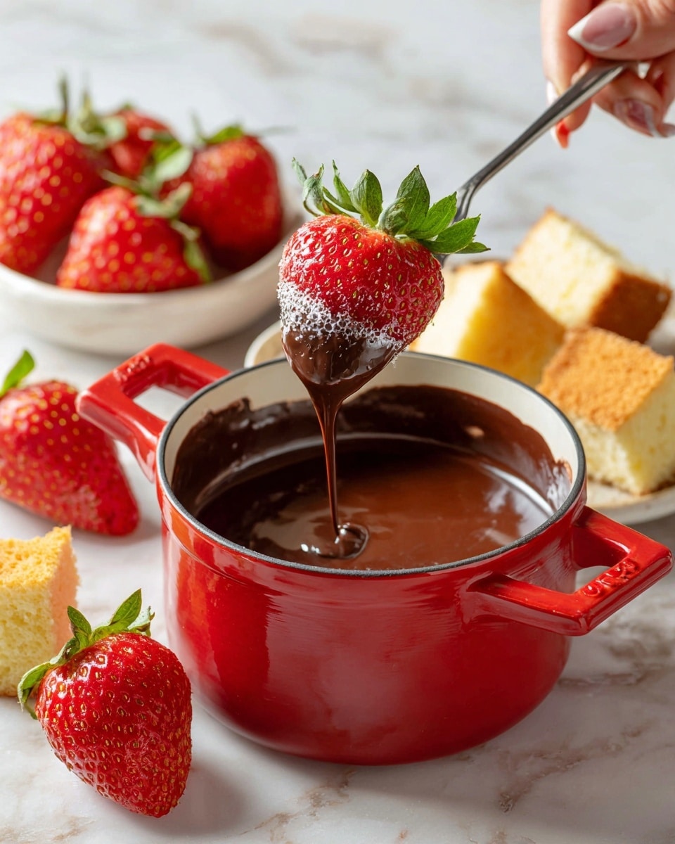 The image shows a bright red pot filled with smooth, thick, dark brown chocolate sauce. A woman's hand is holding a metal fork dipping a fresh red strawberry, with small seeds and green leaves on top, halfway into the chocolate, which is dripping back into the pot. Around the pot on a white marbled surface are whole strawberries, pieces of light yellow spongy cake, and some sliced pale yellow and light green fruits. The scene looks rich, warm, and inviting. photo taken with an iphone --ar 4:5 --v 7