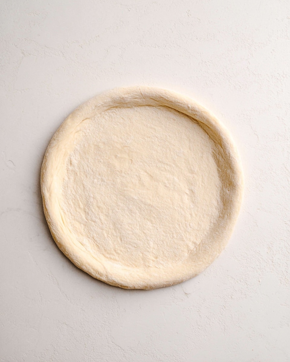 A single round pizza dough with a light beige color and soft, slightly rough texture lies flat on a white marbled surface. It has a thin raised edge all around, forming a shallow crust that is slightly thicker and smooth. The dough appears uncooked and evenly stretched with small natural indentations, showing a fresh and soft look. Photo taken with an iphone --ar 4:5 --v 7