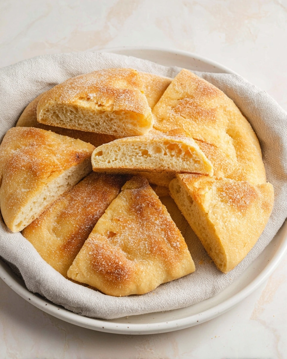 A round flatbread is placed in a white plate lined with a light gray cloth. The bread is cut into several large triangular pieces with a golden-brown top that is slightly rough and sprinkled with fine flour or cornmeal. The inside of the bread looks soft and airy, with a pale yellow color and a spongy texture. The plate rests on a white marbled surface. photo taken with an iphone --ar 4:5 --v 7