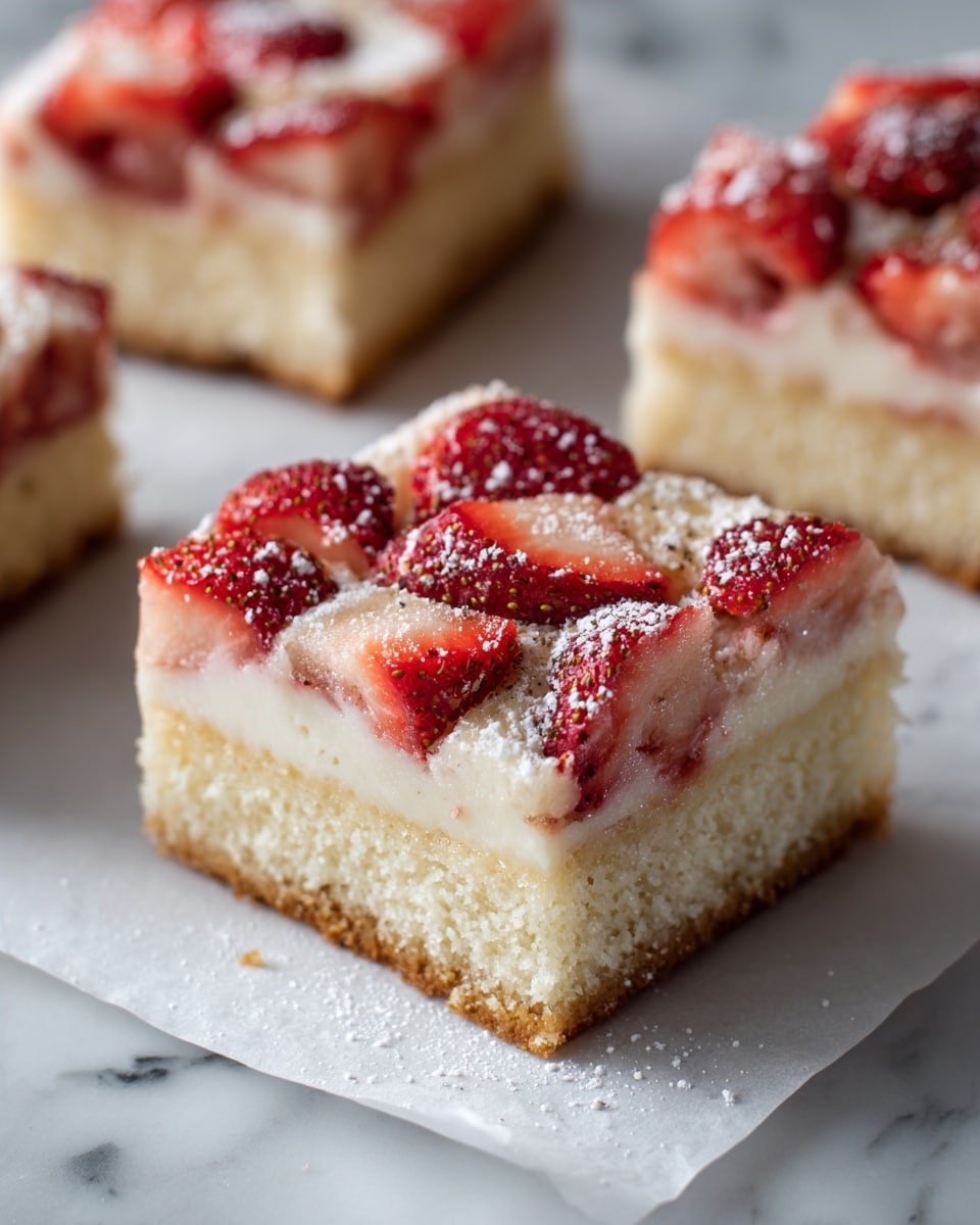 The image shows a square slice of cake with three clear layers. The bottom layer is pale and smooth, the middle layer is creamy white and soft, and the top layer is golden brown with pieces of bright red strawberries baked into it. The strawberries have a slightly shiny texture and a dusty light red powder is sprinkled on top. The cake slice is on white parchment paper, placed on a white marbled surface alongside other similar pieces. Photo taken with an iphone --ar 4:5 --v 7
