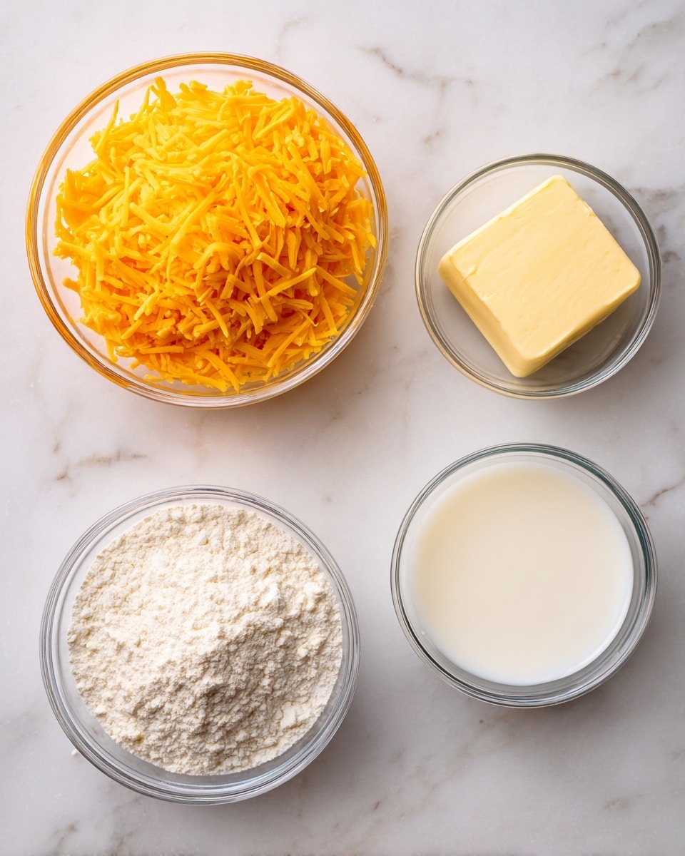 The image shows four small round clear bowls on a white marbled surface, each filled with a different ingredient. The top left bowl is filled with bright orange shredded cheddar cheese piled high. The bottom left bowl contains a small amount of fine, white all-purpose flour. On the top right, there is a small clear bowl with a creamy pale yellow square of butter. The bottom right bowl holds a white liquid of milk, filling the bowl almost to the top. Each ingredient is neatly separated and clearly visible. Photo taken with an iphone --ar 4:5 --v 7