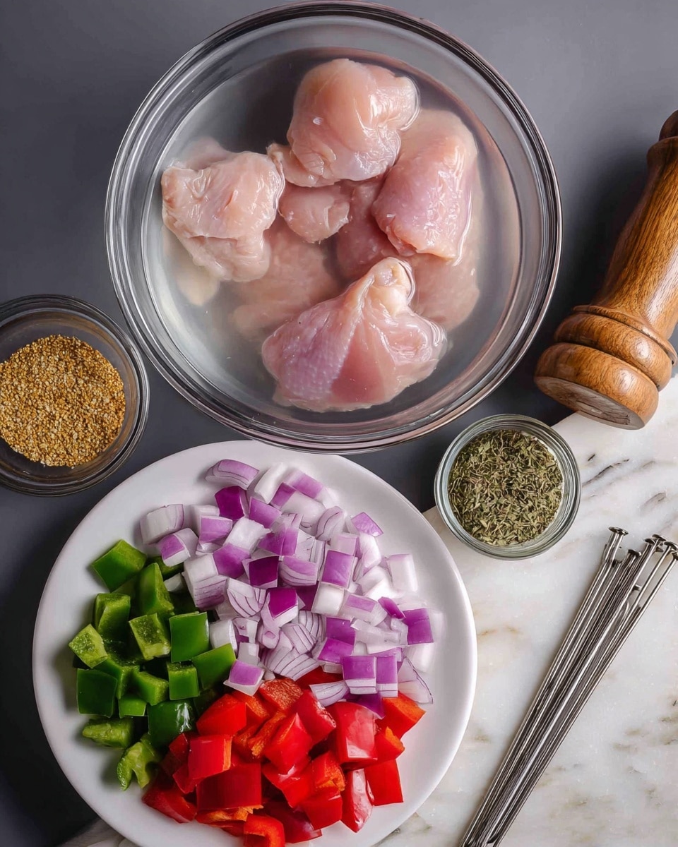 A clear glass bowl filled with three pieces of raw chicken submerged in water sits at the top center of the image. Below it, a white plate holds three kinds of chopped vegetables in separate sections: light purple onion chunks, dark green bell pepper pieces, and bright red bell pepper pieces. To the left of the plate is a small clear bowl with golden-colored granular seasoning. On the right side of the image, there is a wooden pepper grinder, a jar of dried herbs, and three metal skewers arranged diagonally on a white marbled surface. The overall scene has a fresh and prepared cooking vibe photo taken with an iphone --ar 4:5 --v 7
