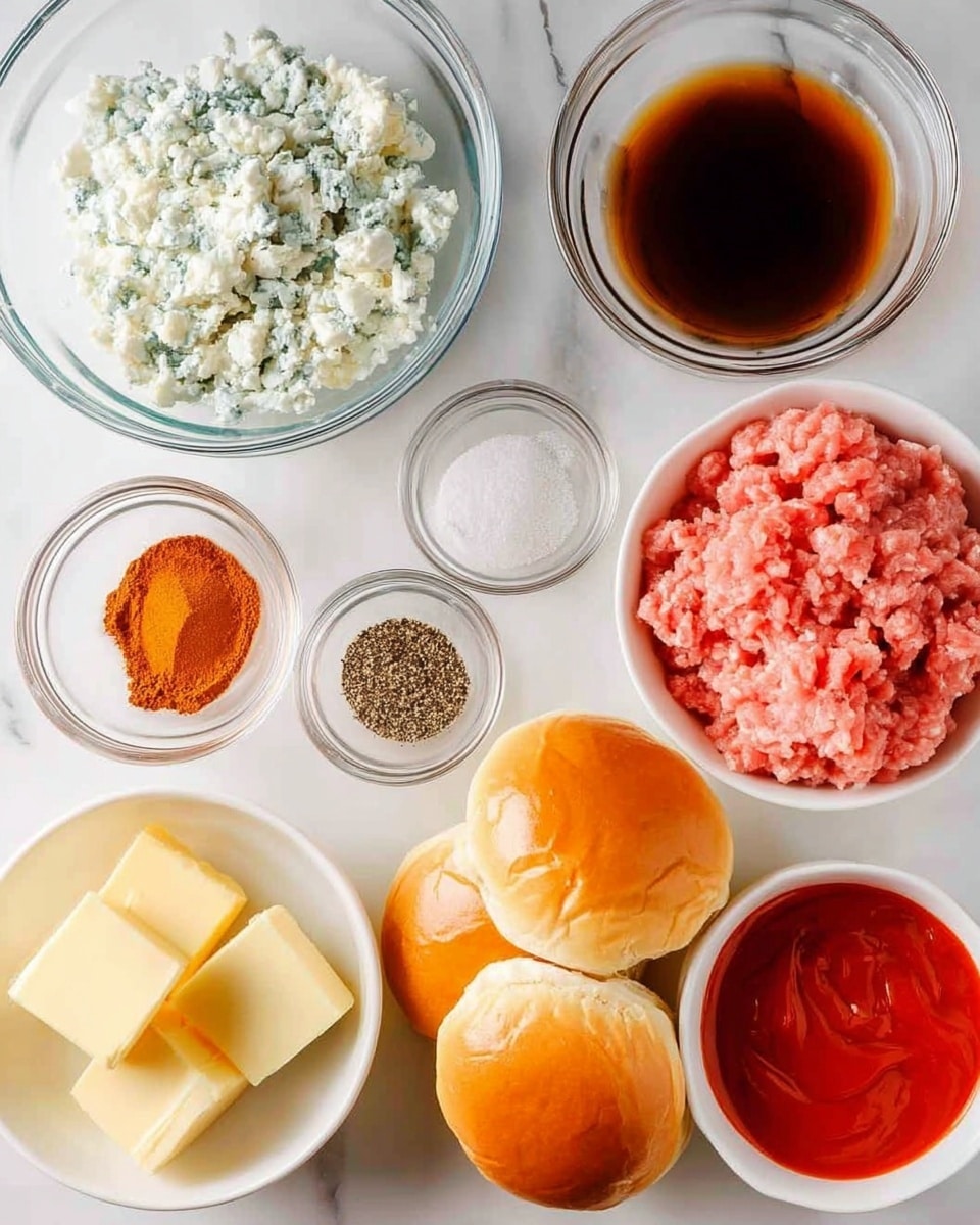The image shows several clear glass bowls arranged neatly on a white marbled surface. Starting from the top left, there is a bowl filled with crumbled blue cheese, next to it on the right is a bowl with dark brown sauce. Below the cheese, three small bowls contain different seasonings: the first has a reddish-brown powder, the second holds mixed black pepper, and the third contains coarse salt. Below these is a bowl with three small squares of pale yellow butter. On the right side, four soft, shiny golden brown sandwich buns are stacked together, and next to them is a white bowl filled with raw, finely ground pink meat. In the bottom right corner, another bowl holds bright red sauce. The overall look is clean and organized with a clear focus on each ingredient. photo taken with an iphone --ar 4:5 --v 7