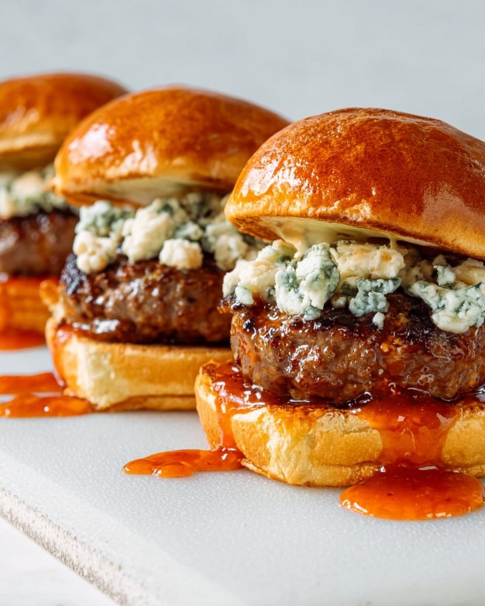 Three burgers are shown in a row on white marbled surface. Each burger has a shiny brown bun top, slightly lifted to show the layers inside. The bottom bun is soft and light brown with red sauce spreading out from under the meat. The thick brown burger patty sits on the bottom bun, with visible texture and juice. Crumbled blue cheese, with a mix of light cream and dark blue colors, rests generously on top of each patty. The sauce drips softly onto the white marbled surface, adding a bright contrast to the burger colors. photo taken with an iphone --ar 4:5 --v 7